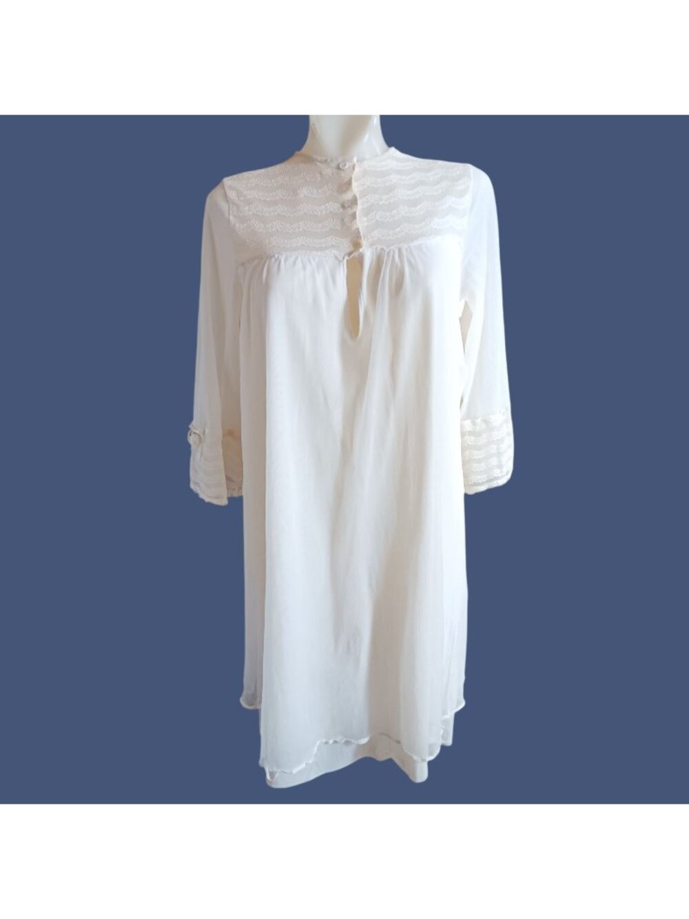 True Vintage Small Dress Nightgown Sears White Lace-Trimmed 1970's Hippy